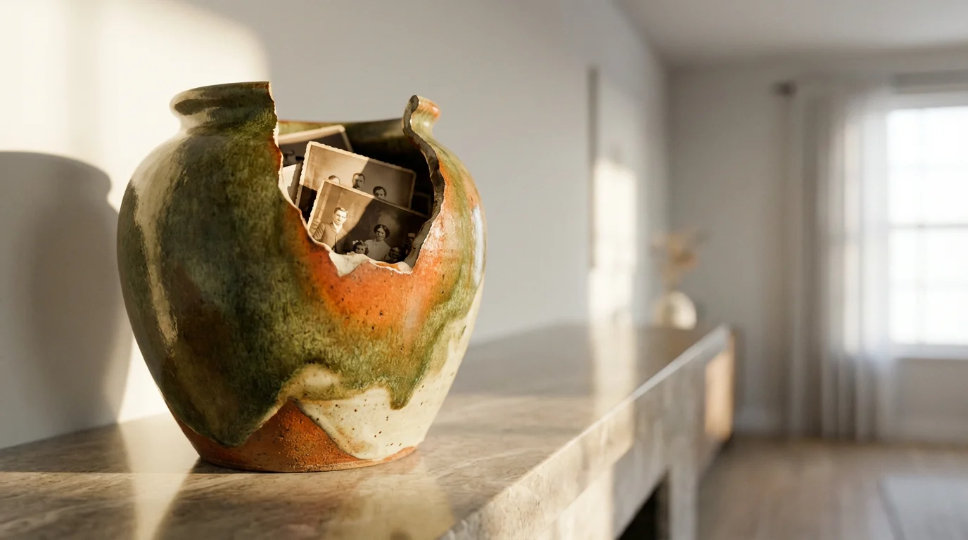 A low angle shot of a large ceramic inheritance jar with a noticeable chip.