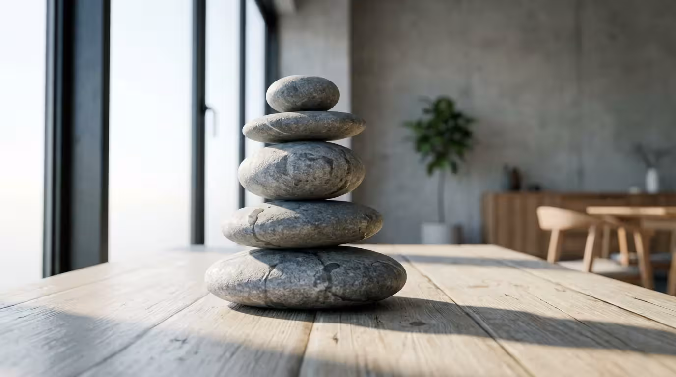 A low angle shot of a stack of balanced stones in natural window light.