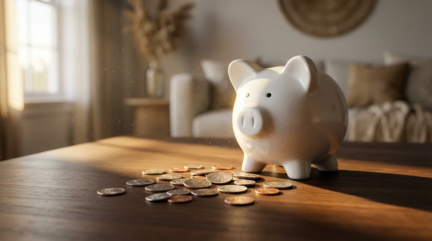 A low angle shot of a white piggy bank on a wooden table with coins spilled out during golden hour.