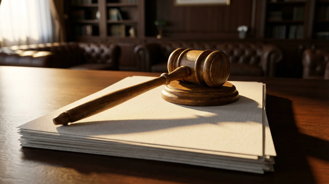 A low angle shot of a wooden gavel and documents on a desk during sunset.