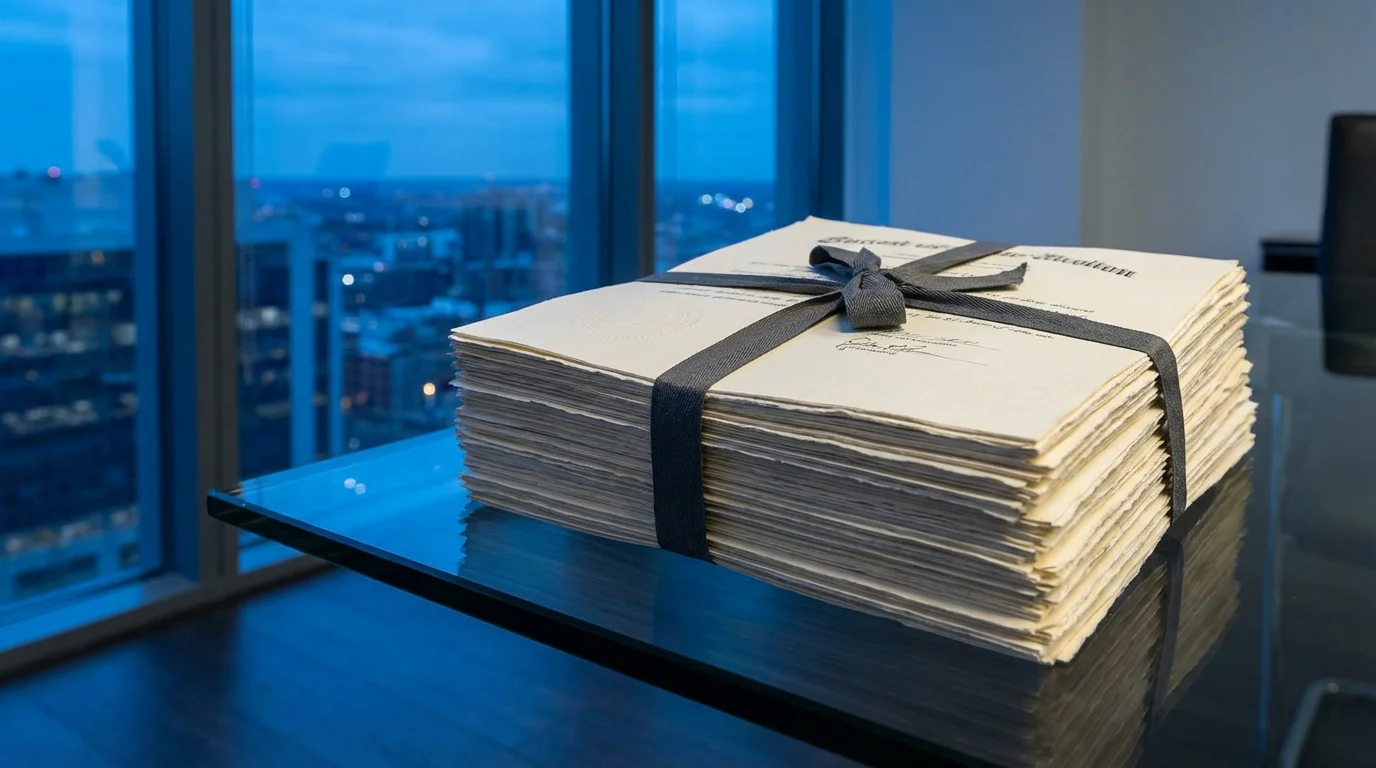 A low-angle shot of estate planning documents on a modern glass desk at twilight.