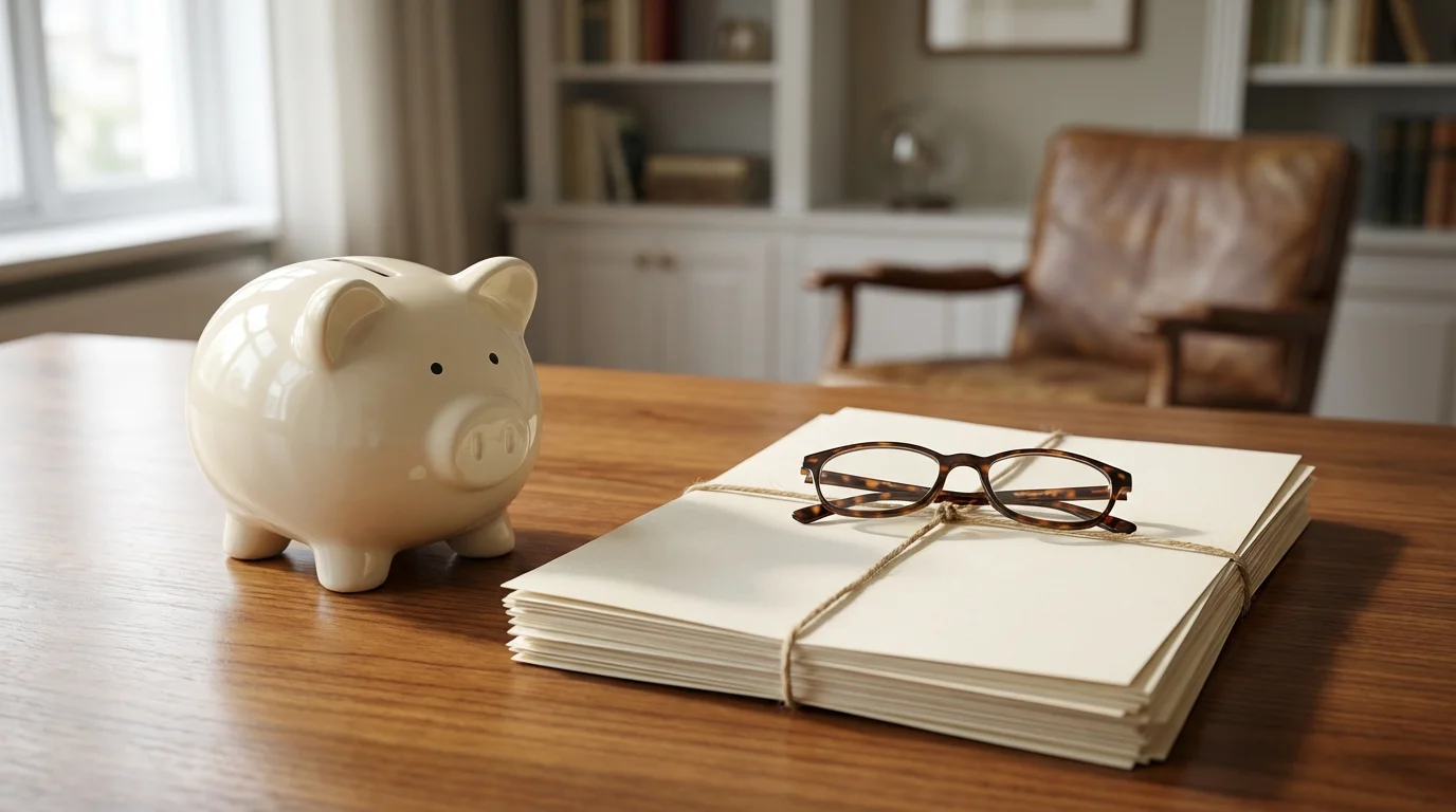 A low angle view of a piggy bank and financial documents on a desk.