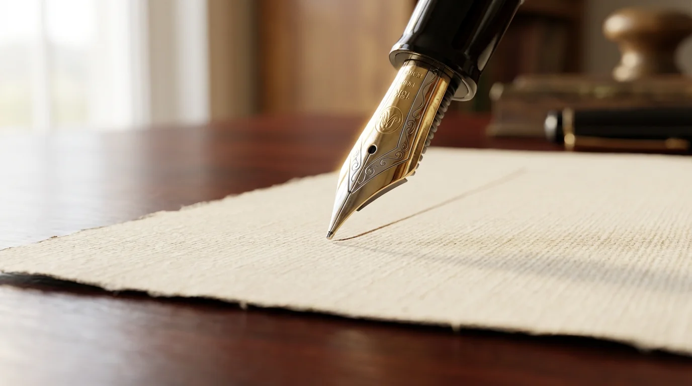 A macro photograph of a fountain pen nib ready to write on a document.