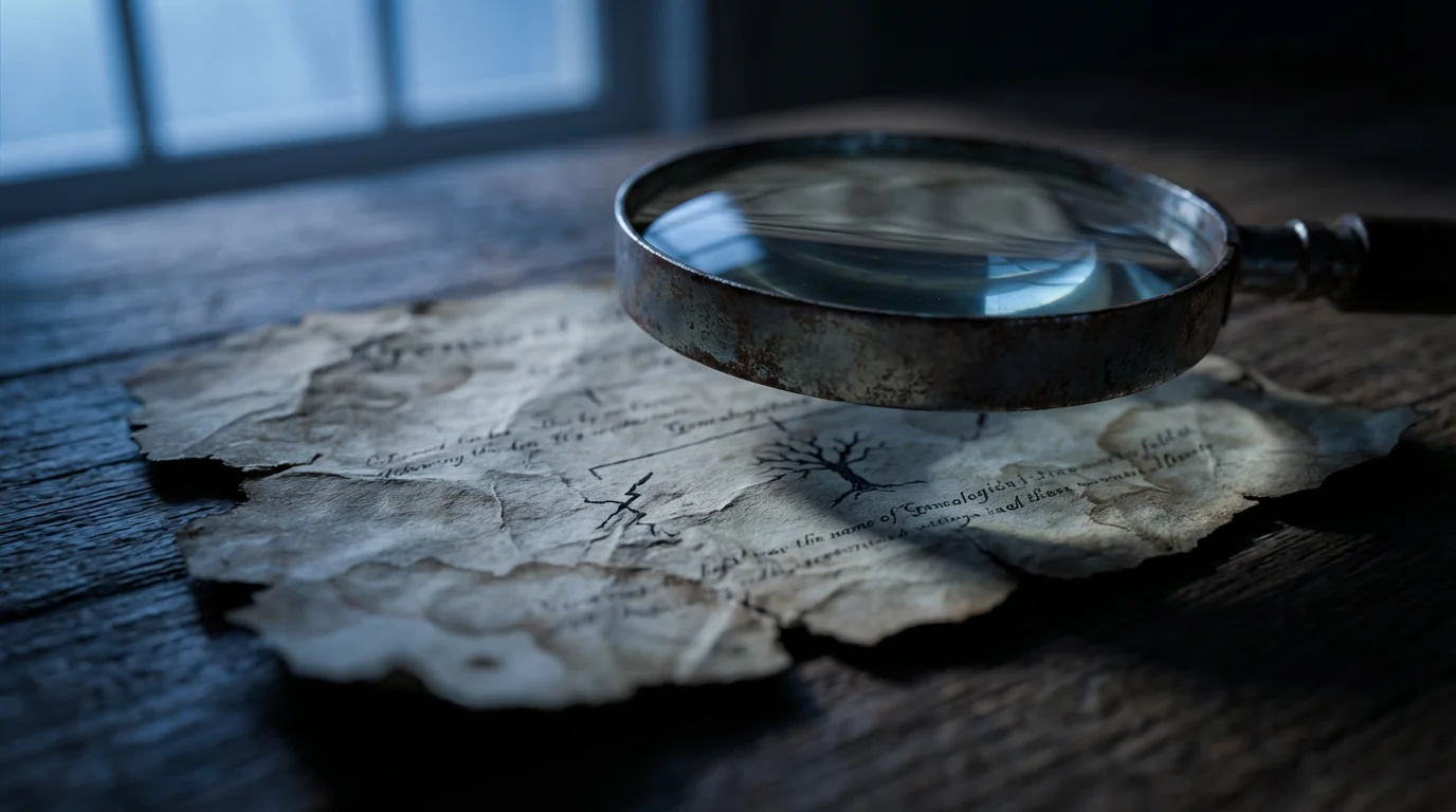 A macro photograph of a magnifying glass held over a torn, antique document.