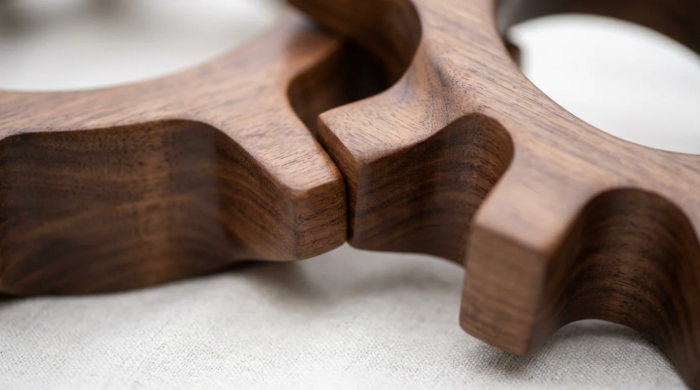 A macro photograph of two polished wooden puzzle pieces locking together perfectly.