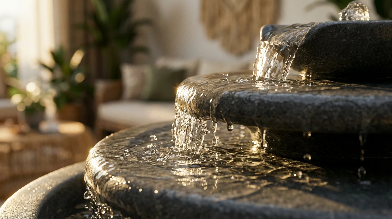 A macro photograph of water trickling down a minimalist stone fountain during golden hour.
