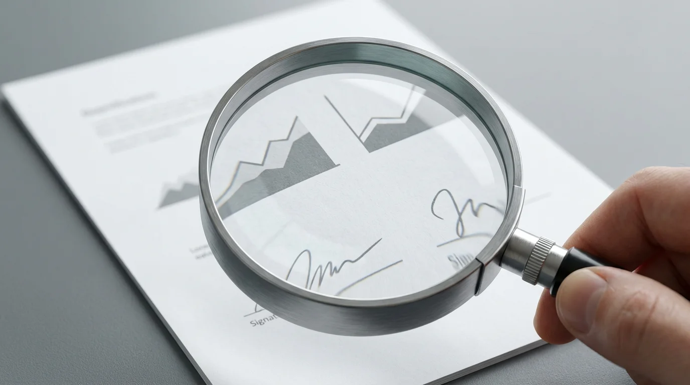 A macro shot of a magnifying glass inspecting abstract financial graphs on a document.