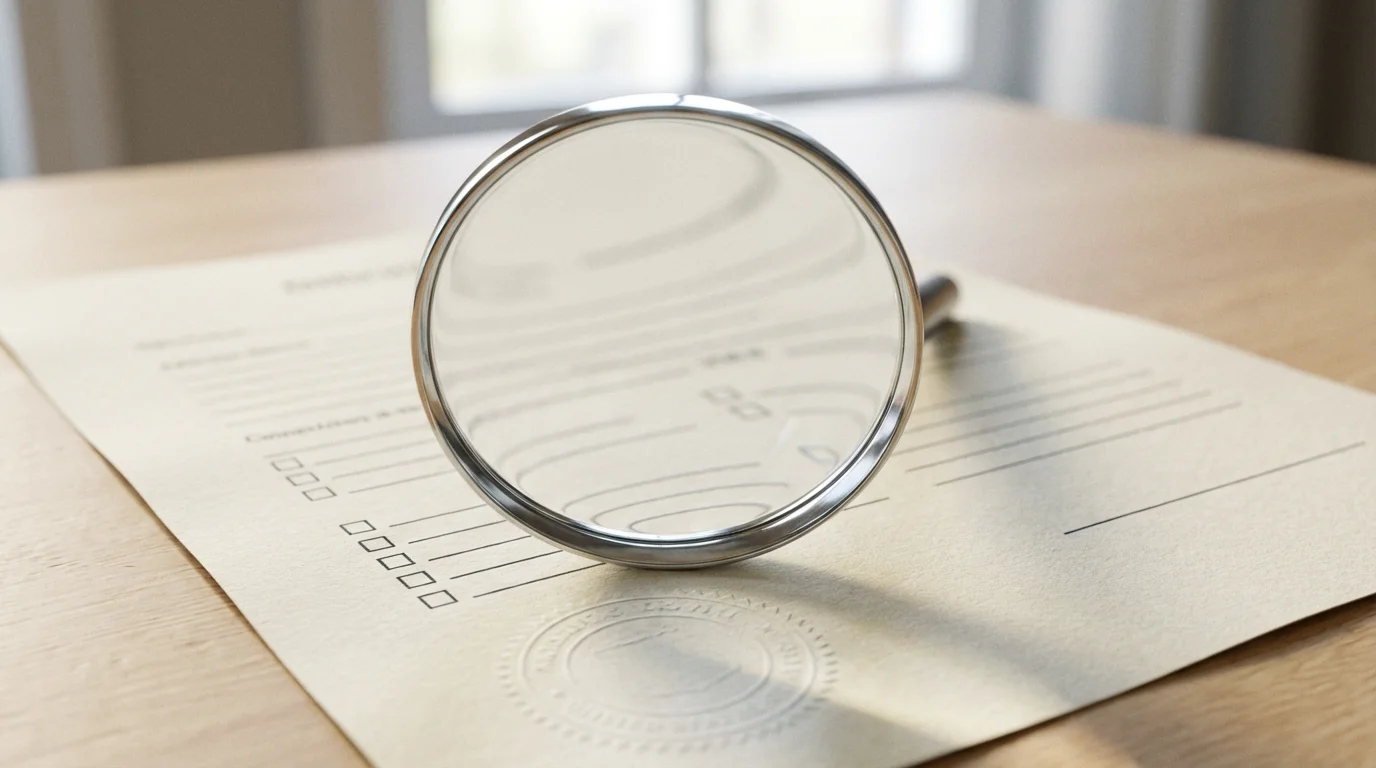 A magnifying glass held closely over a blank official document on a wooden desk.
