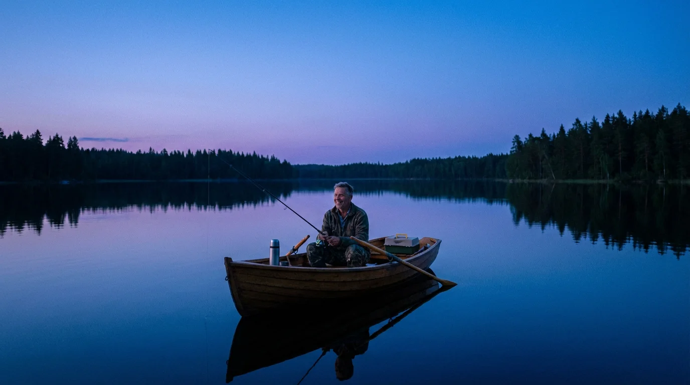 A man in his 60s fishes from a boat on a calm lake during twilight.