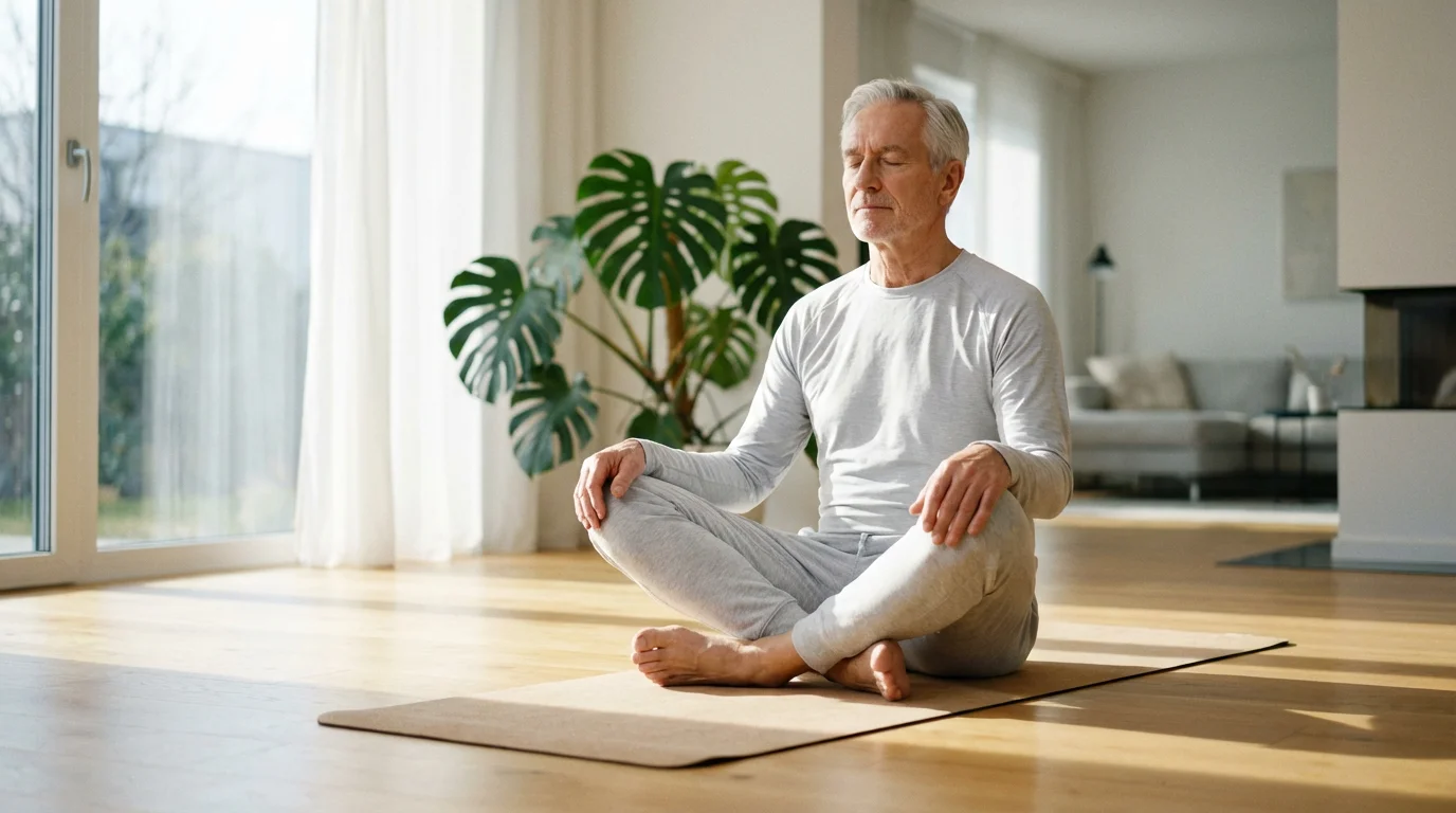 A man in his late 60s meditates on a yoga mat in a sunlit room.