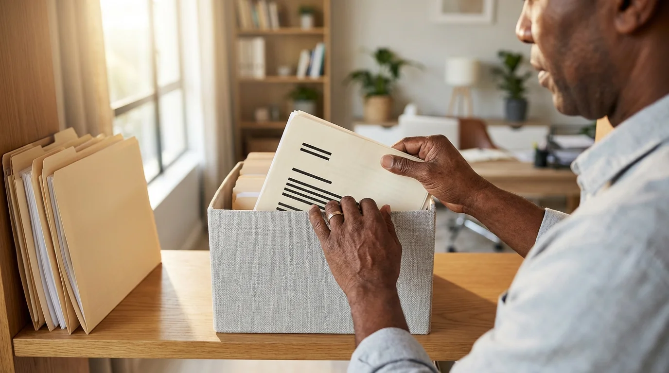 A man's hands carefully placing an important document into a home file storage box.