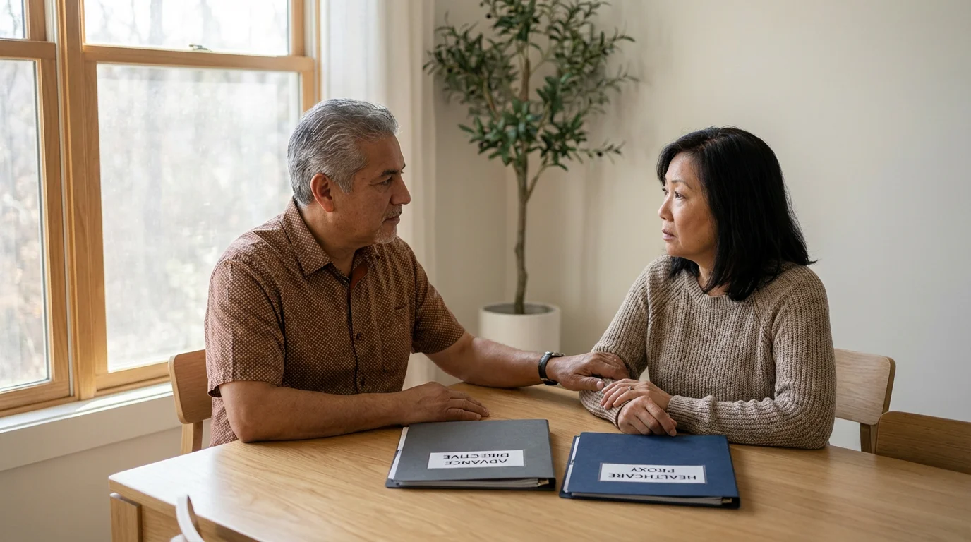 A mature couple at a dining table discussing important documents in the morning light.