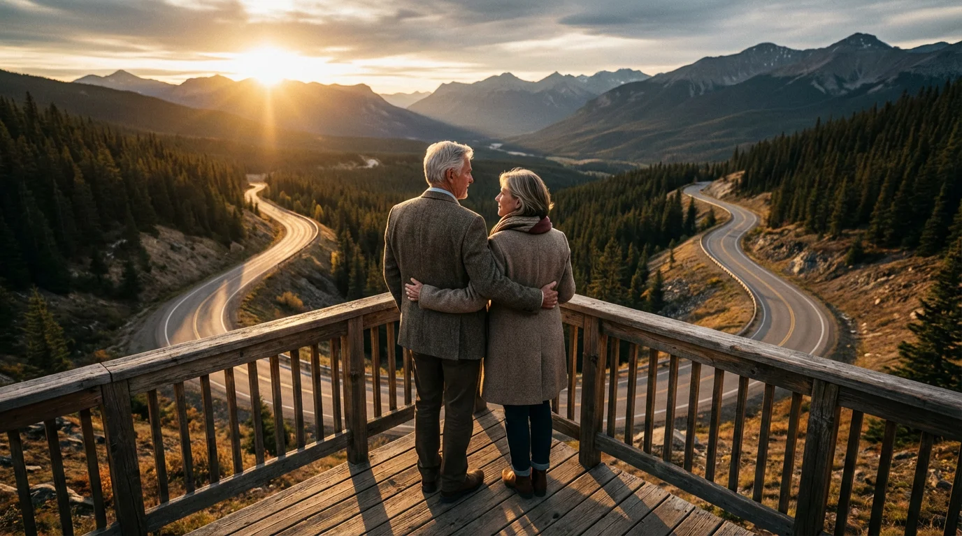 A mature couple at a scenic overlook with diverging paths, representing retirement planning crossroads.