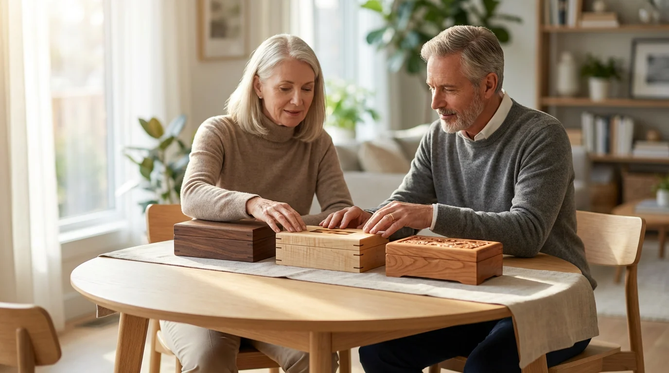 A mature couple at a table examining unique wooden boxes, representing different trust options.