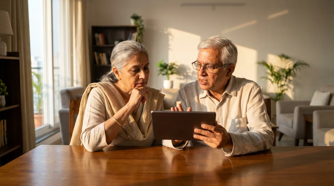 A mature couple at a table thoughtfully reviewing information on a tablet during sunset.