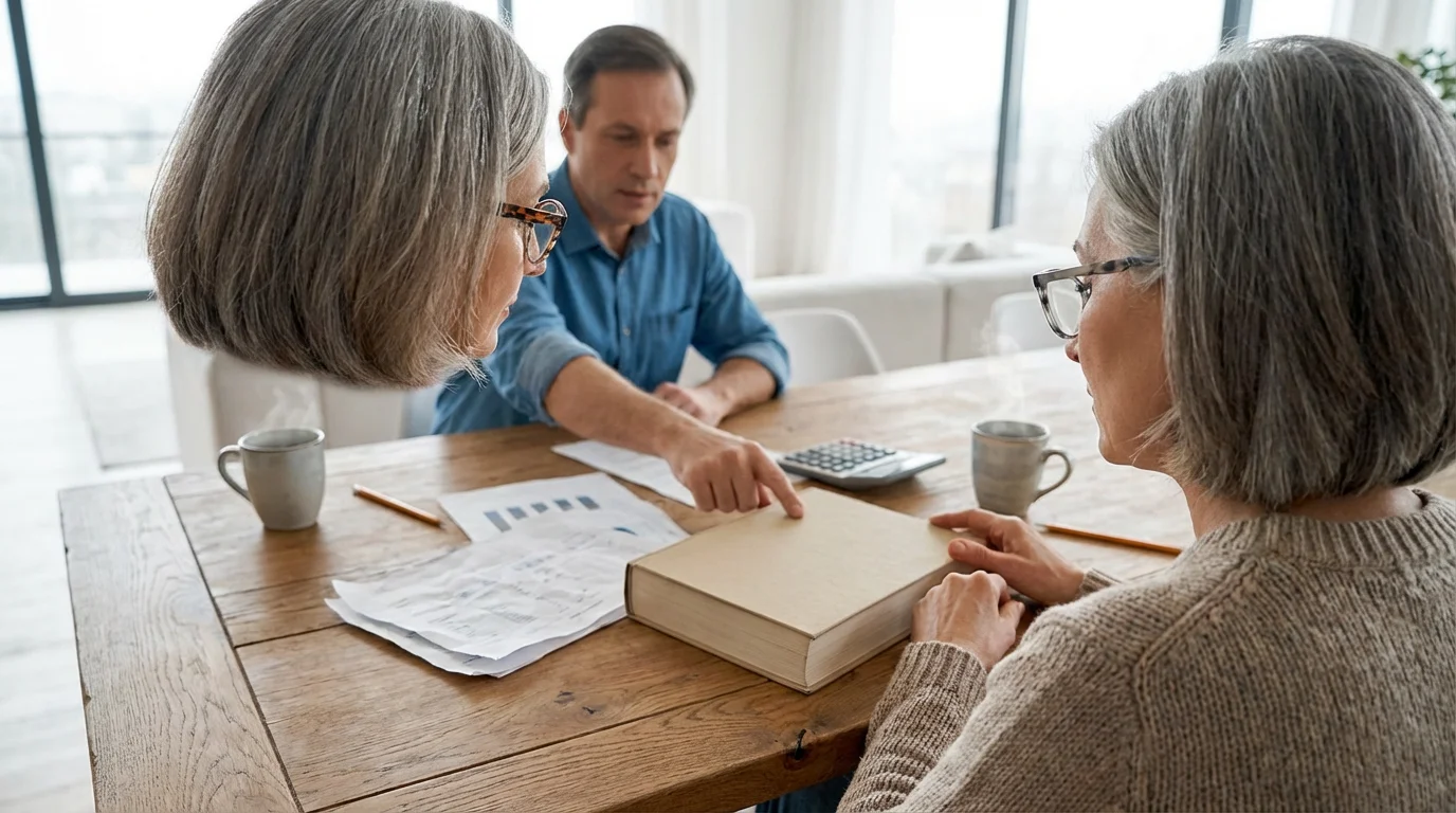 A mature couple at a table using a book to plan their retirement finances.