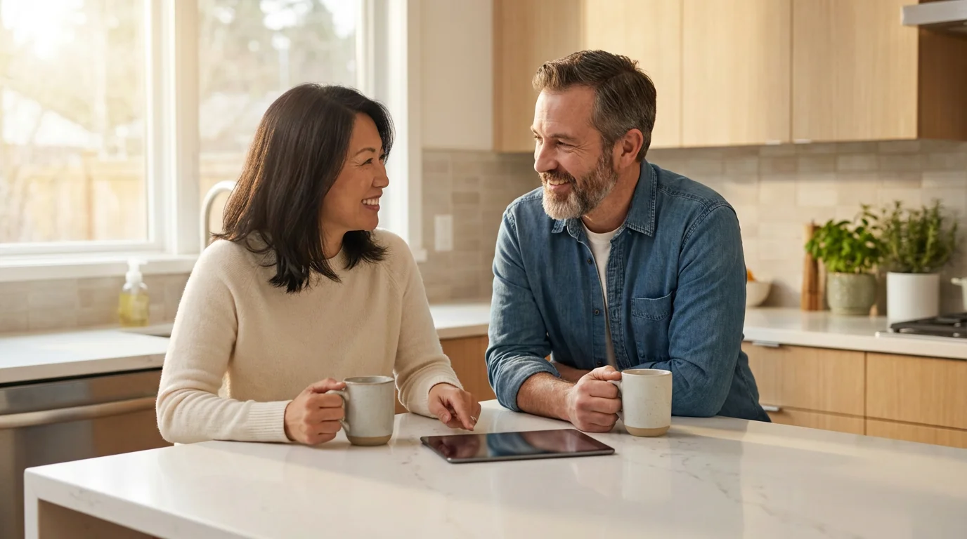 A mature couple sits at a modern kitchen island, happily planning their future finances.