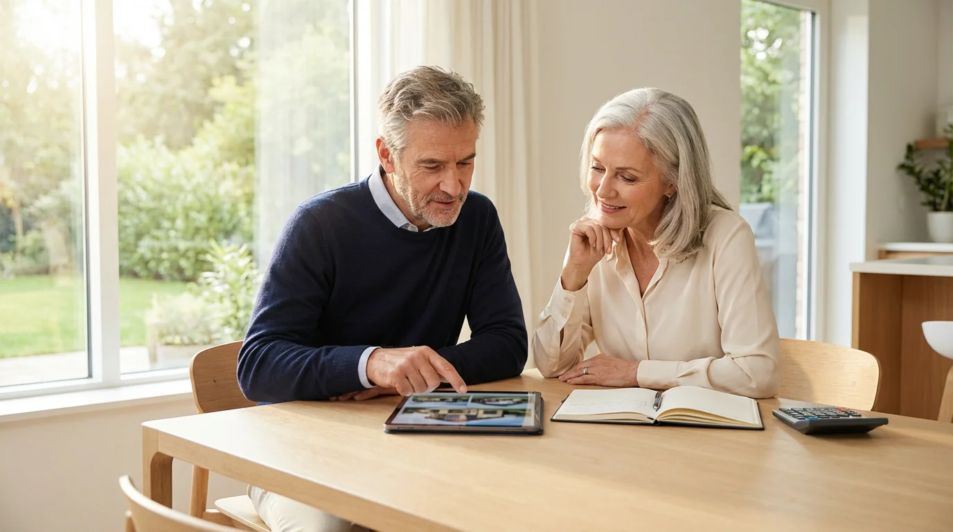 A mature couple sits at a table, using a tablet to plan retirement housing.