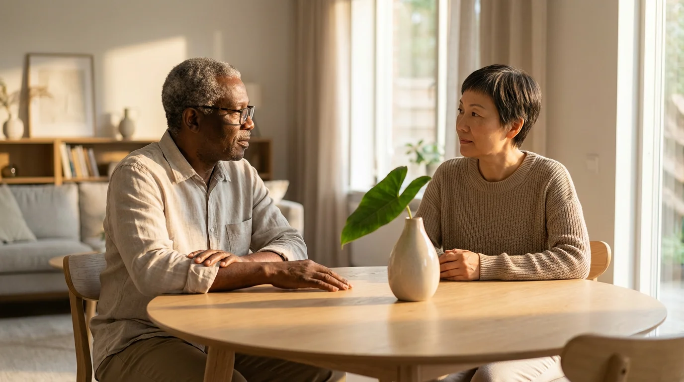 A mature couple sits at a wooden table, having a thoughtful conversation during sunset.