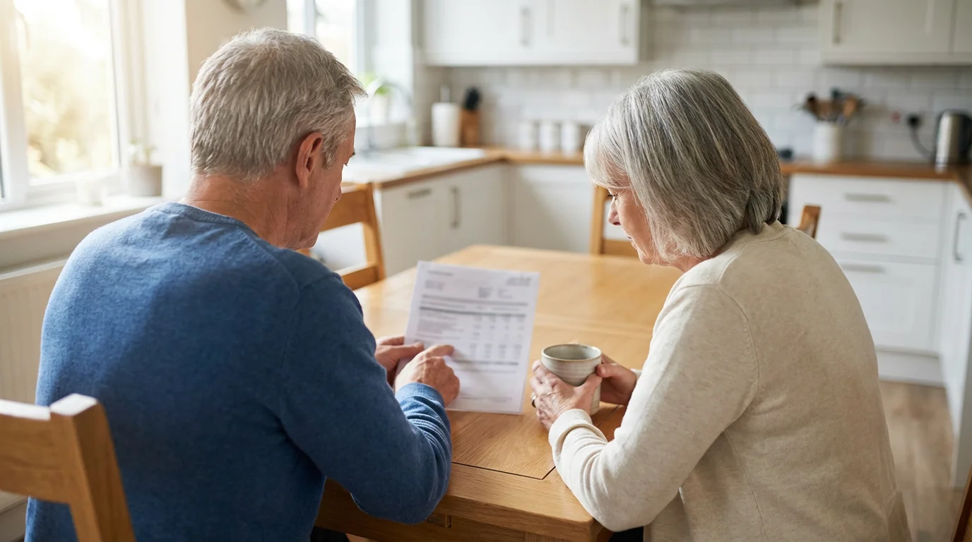 A mature couple sitting at a kitchen table carefully reviewing their pension benefits statement.