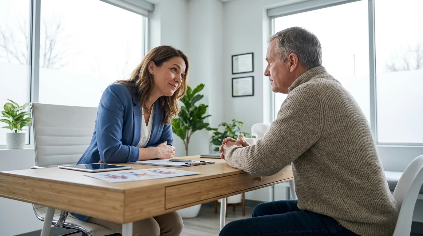 A mature man in thoughtful conversation with his female doctor in a bright office.