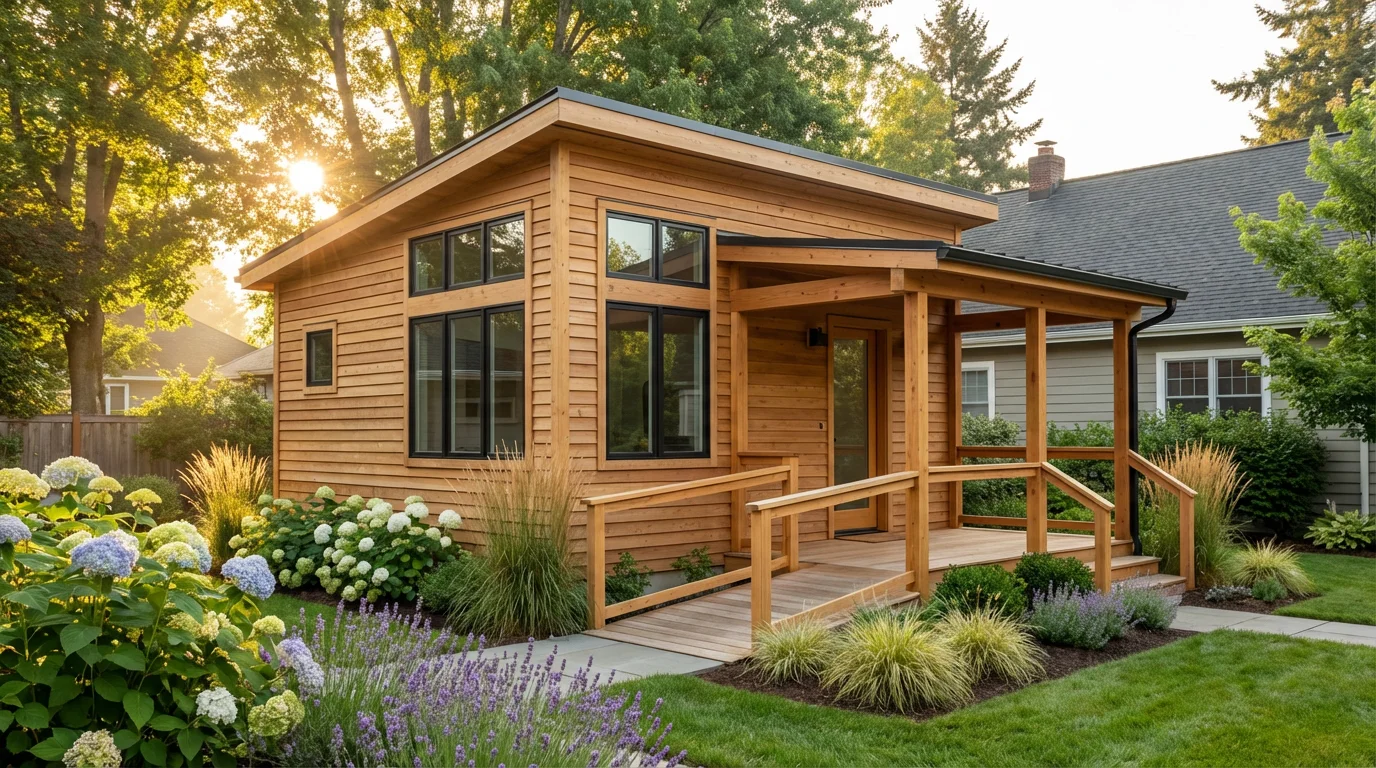 A modern accessory dwelling unit in a beautiful backyard garden with soft morning light.