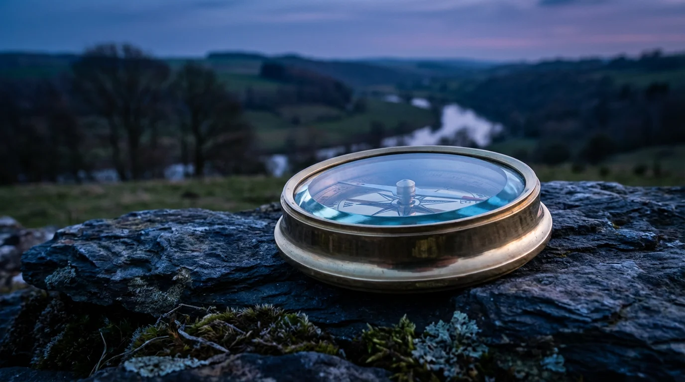 A modern brass and glass compass sitting on a dark rock during blue hour.