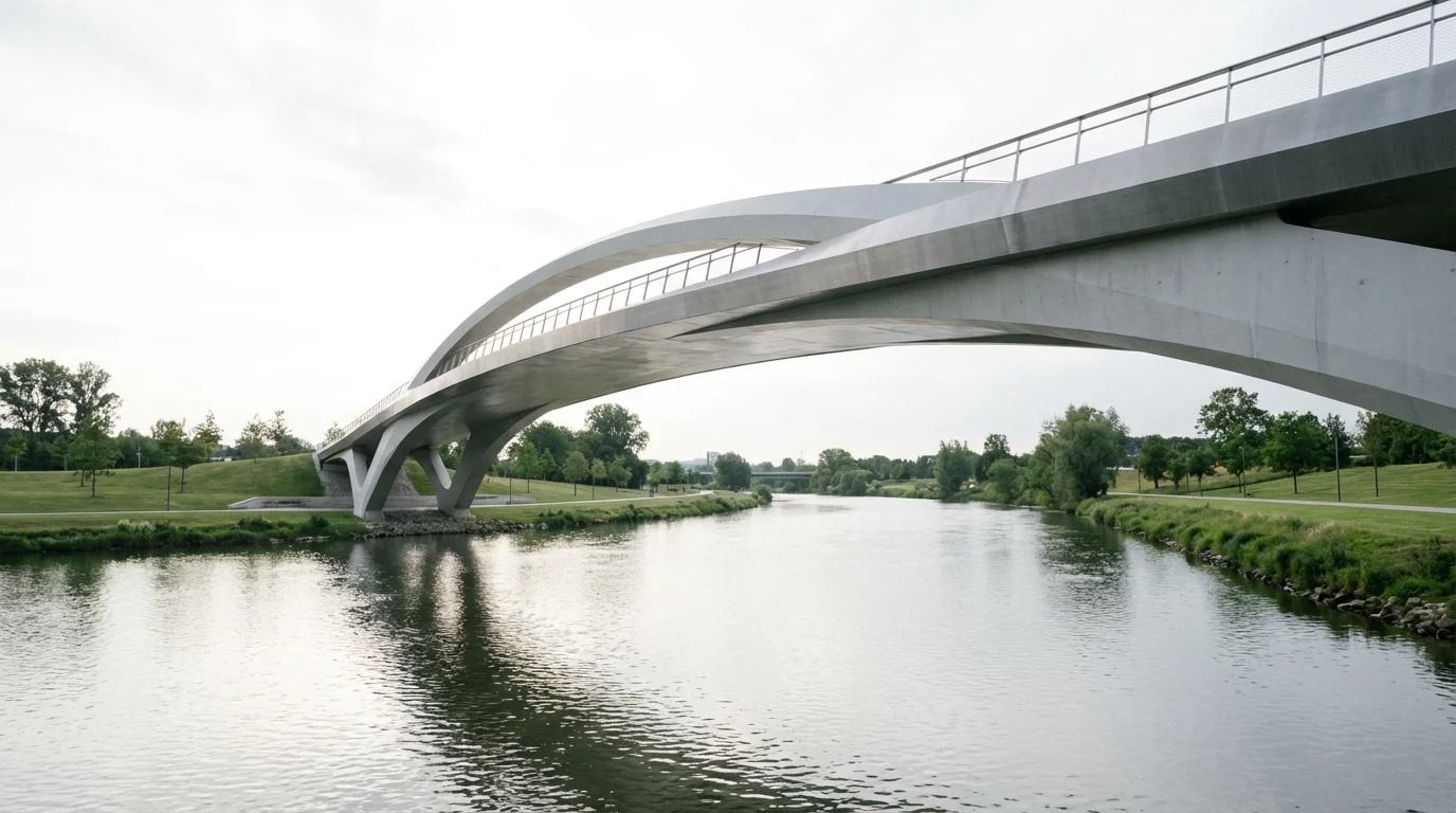 A modern concrete pedestrian bridge permanently anchored across a wide, calm body of water.