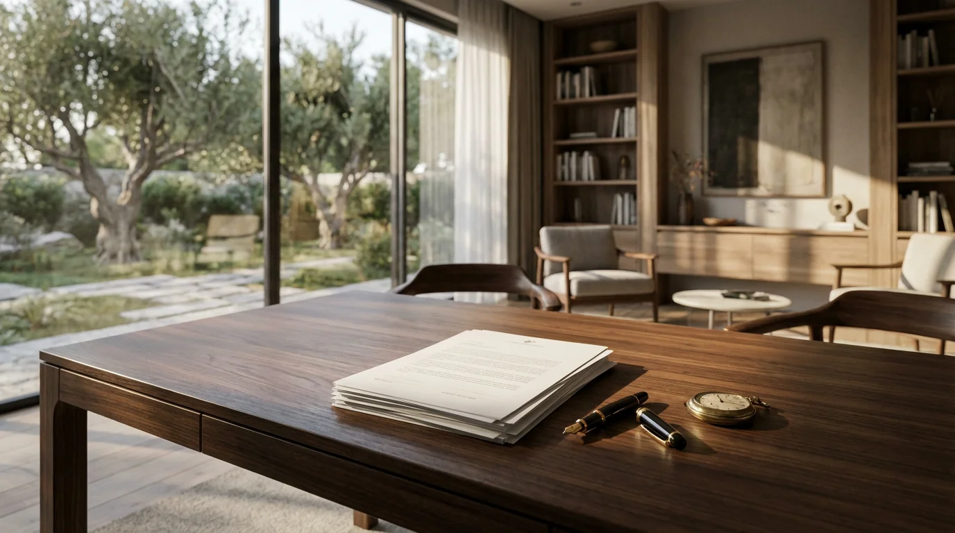 A modern desk with legal papers and a vintage pocket watch in morning light.