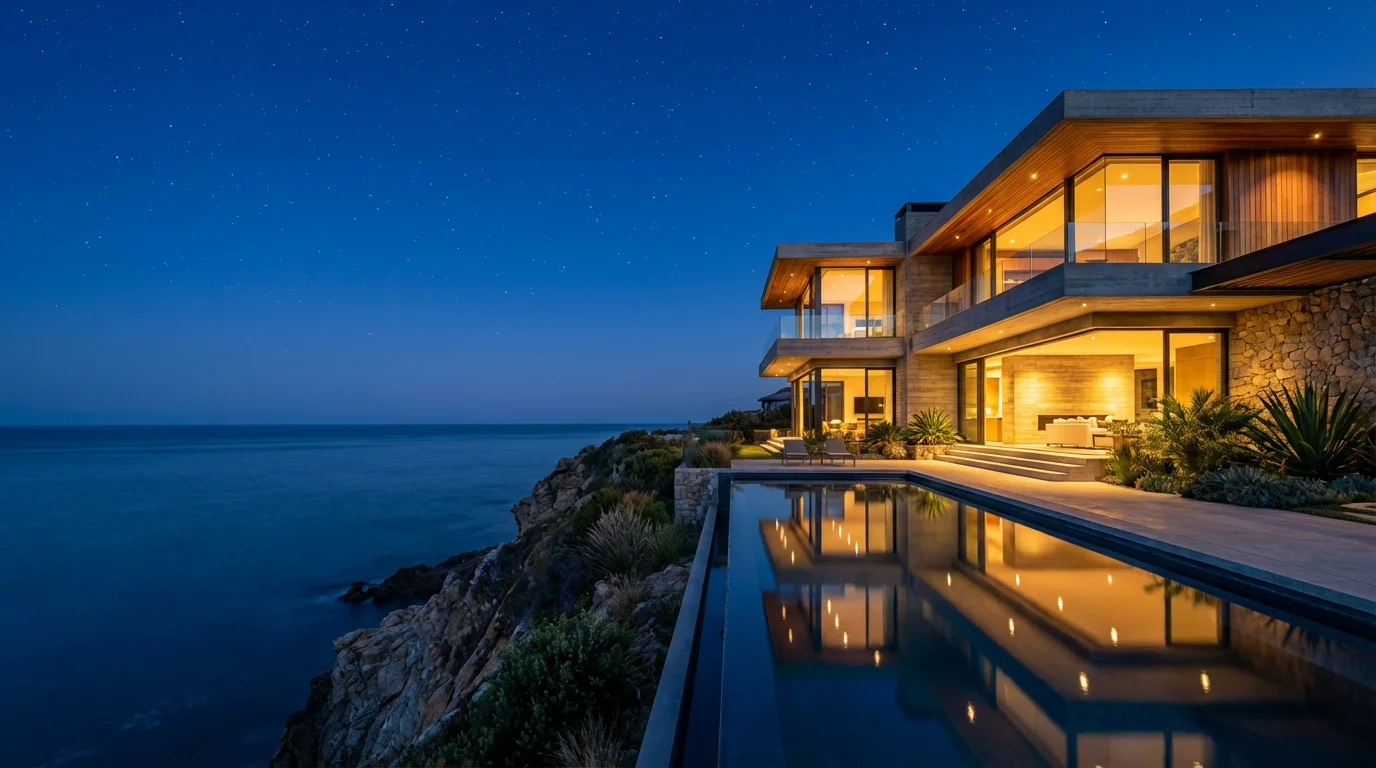 A modern luxury vacation home with a glowing infinity pool overlooking the ocean at dusk.
