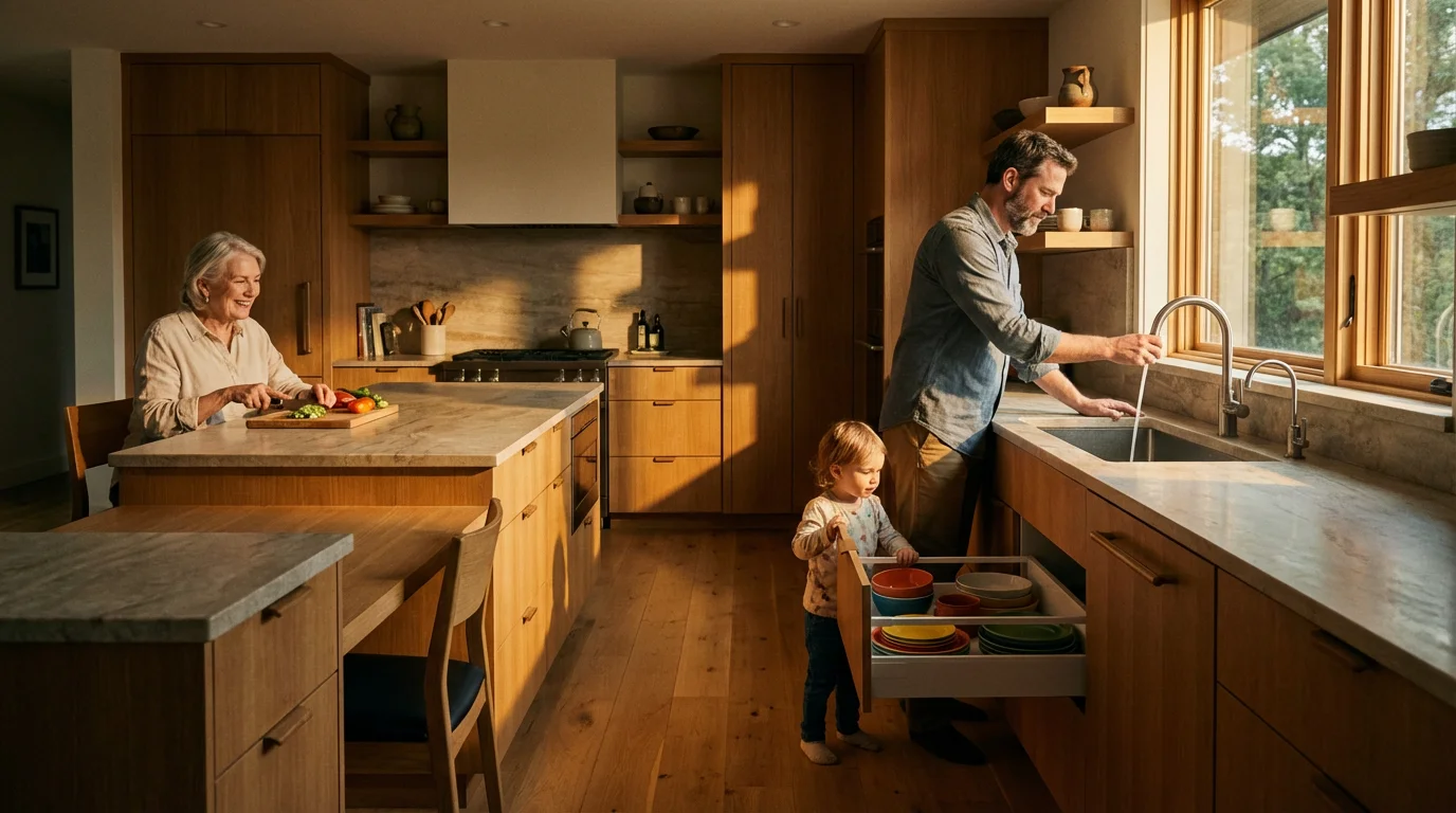 A multi-generational family enjoying a modern, universally designed kitchen in warm afternoon light.