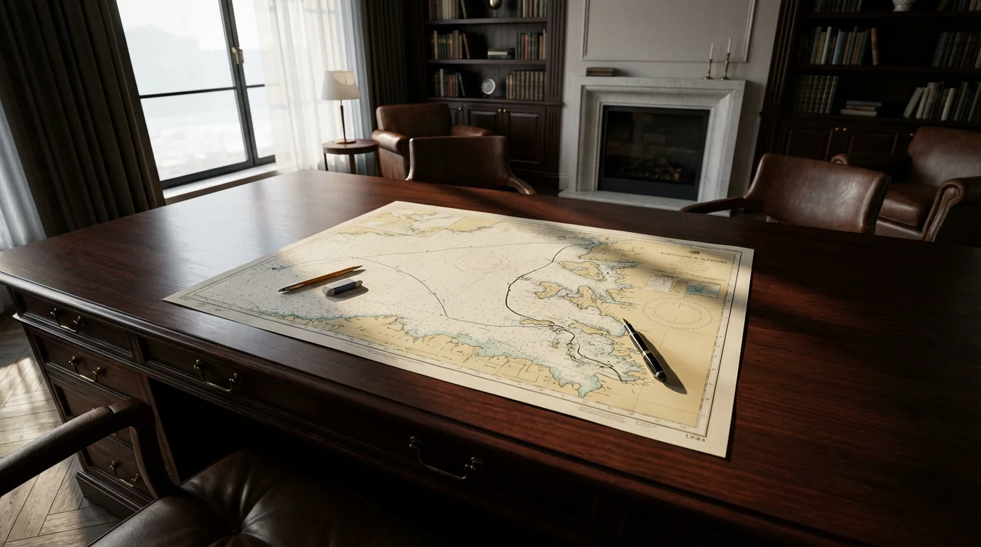 A nautical chart on a desk with two paths, one drawn in pencil, one in ink.