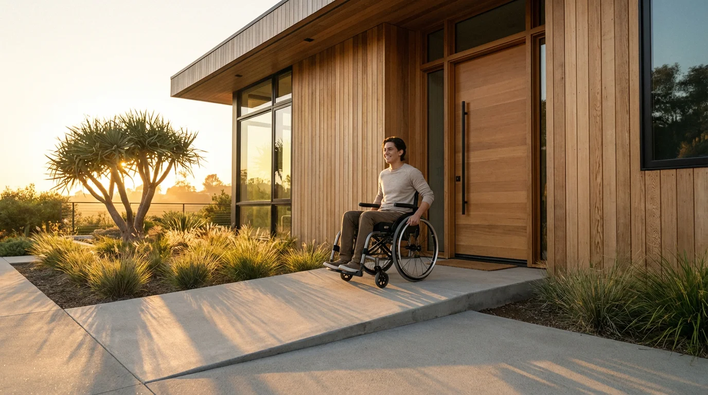 A person in a wheelchair easily accessing a modern home using a no-step ramp during sunset.