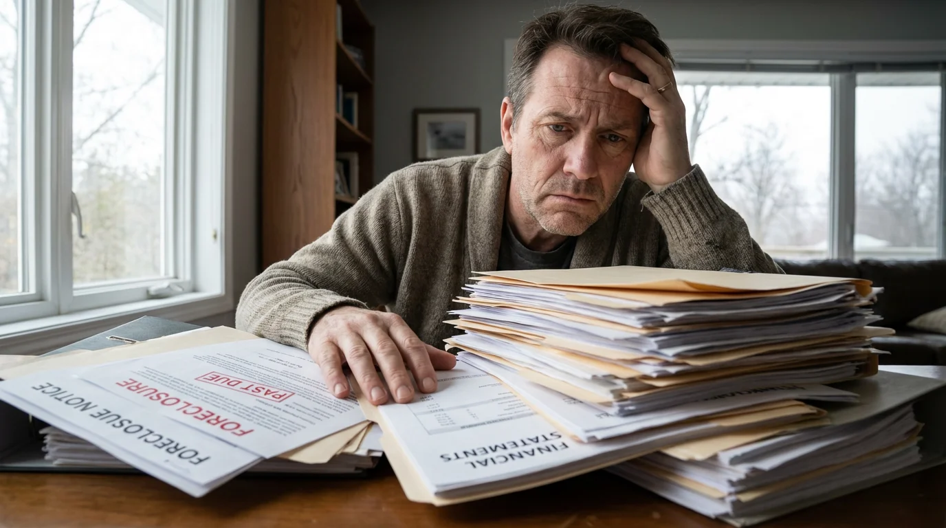 A person looking stressed and overwhelmed while sitting at a desk with a large stack of paperwork.