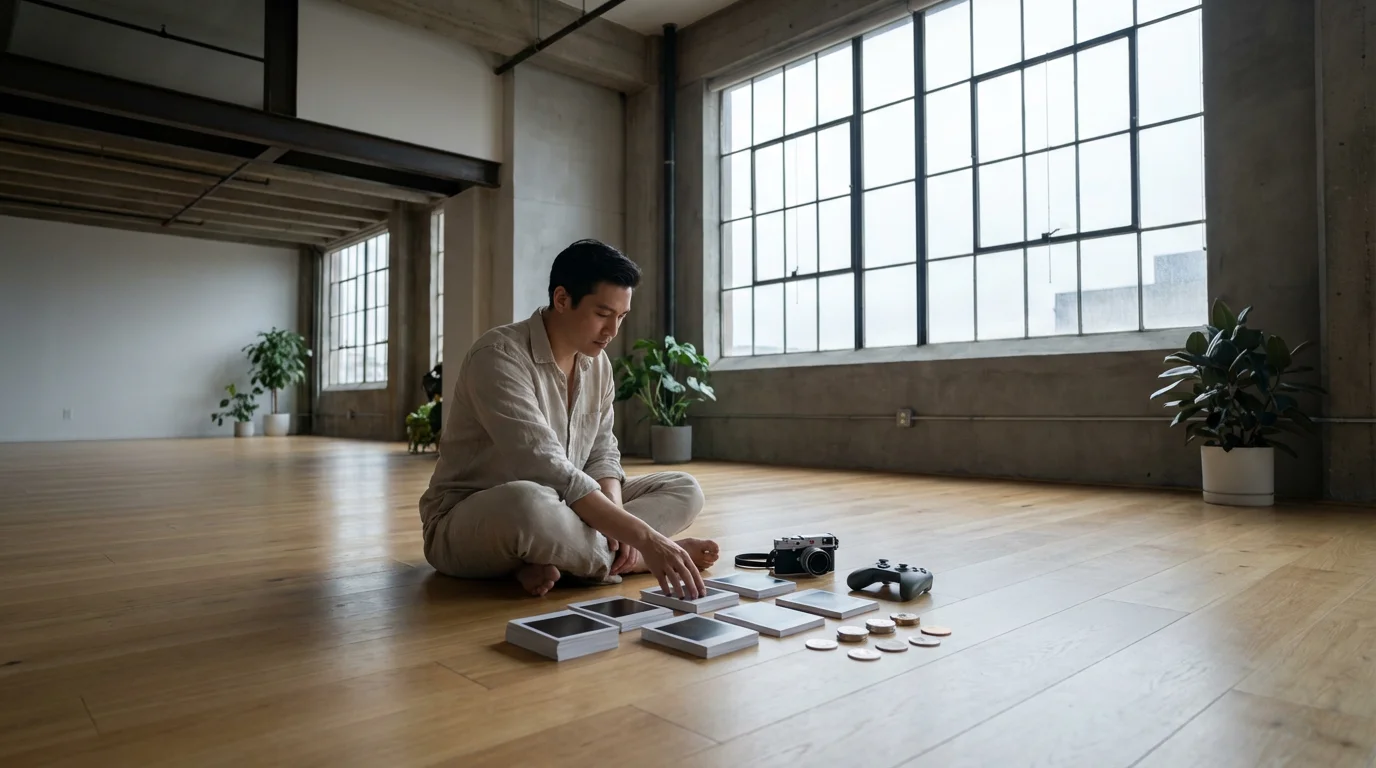 A person organizes items symbolizing digital assets on the floor of a modern room.