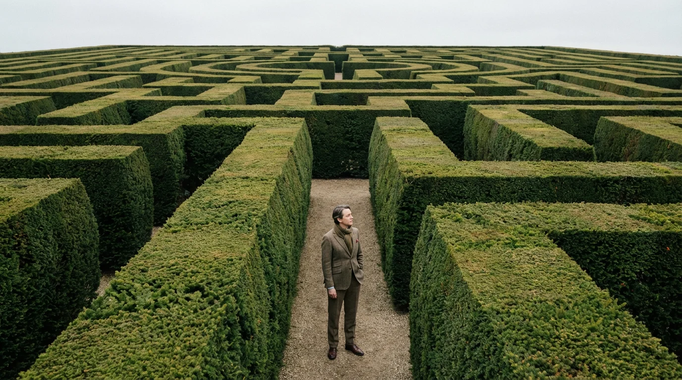 A person stands at the entrance to a large, complex hedge maze, representing challenges.