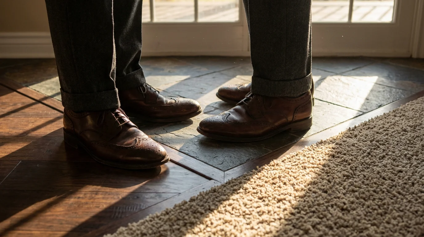 A person's feet in dress shoes standing at a junction of three different flooring types.