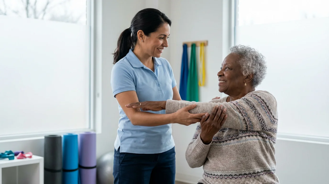 A physical therapist helps an elderly woman with a gentle exercise in a brightly lit room.