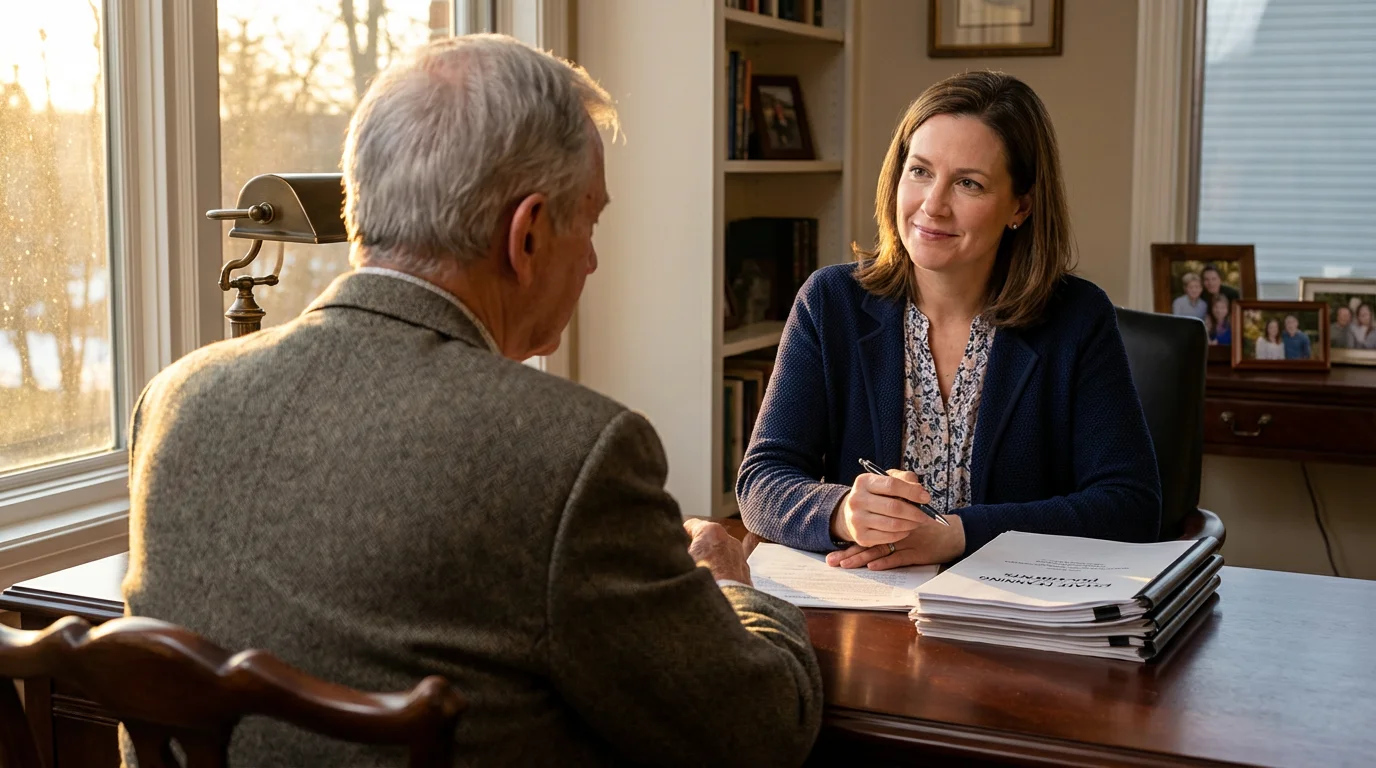 A professional advisor consults with an elderly man at a table during golden hour.