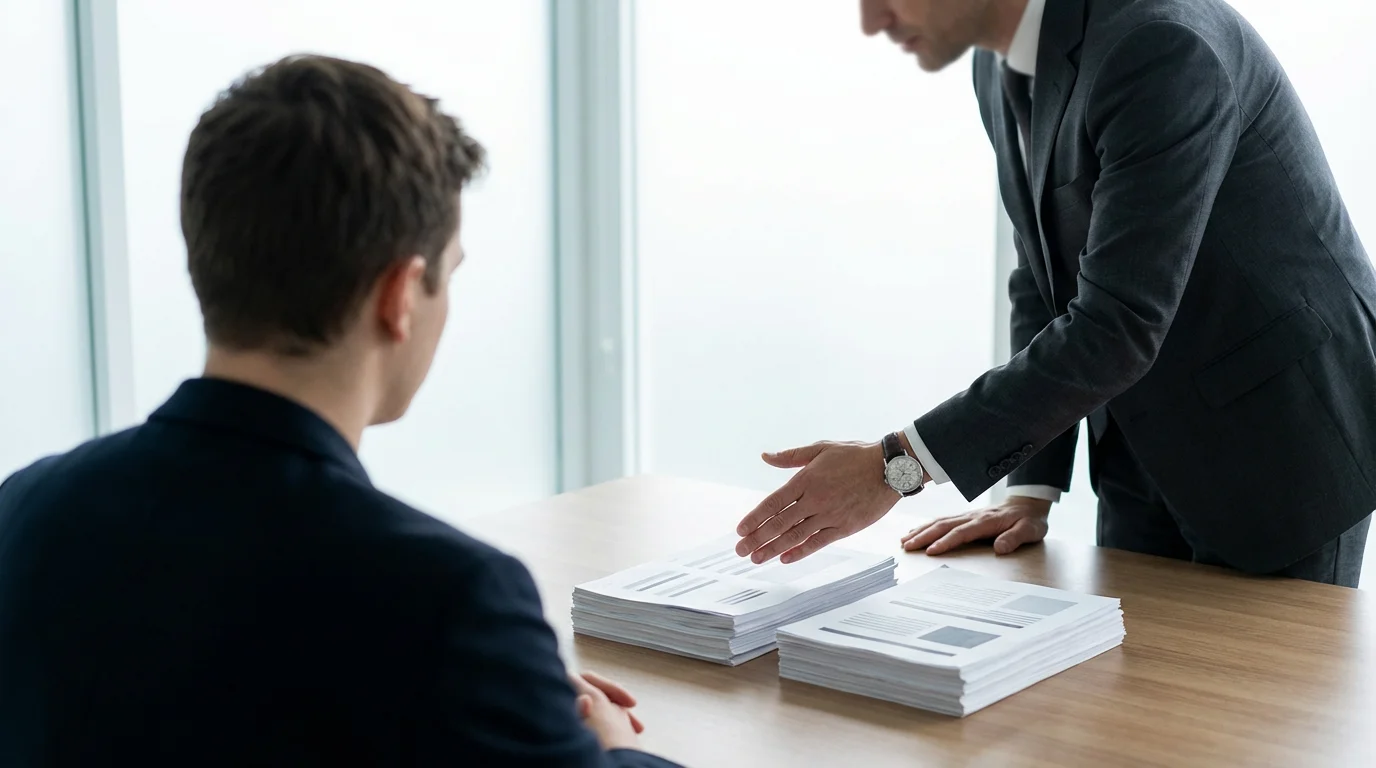 A professional in a meeting explaining the difference between two stacks of legal documents.