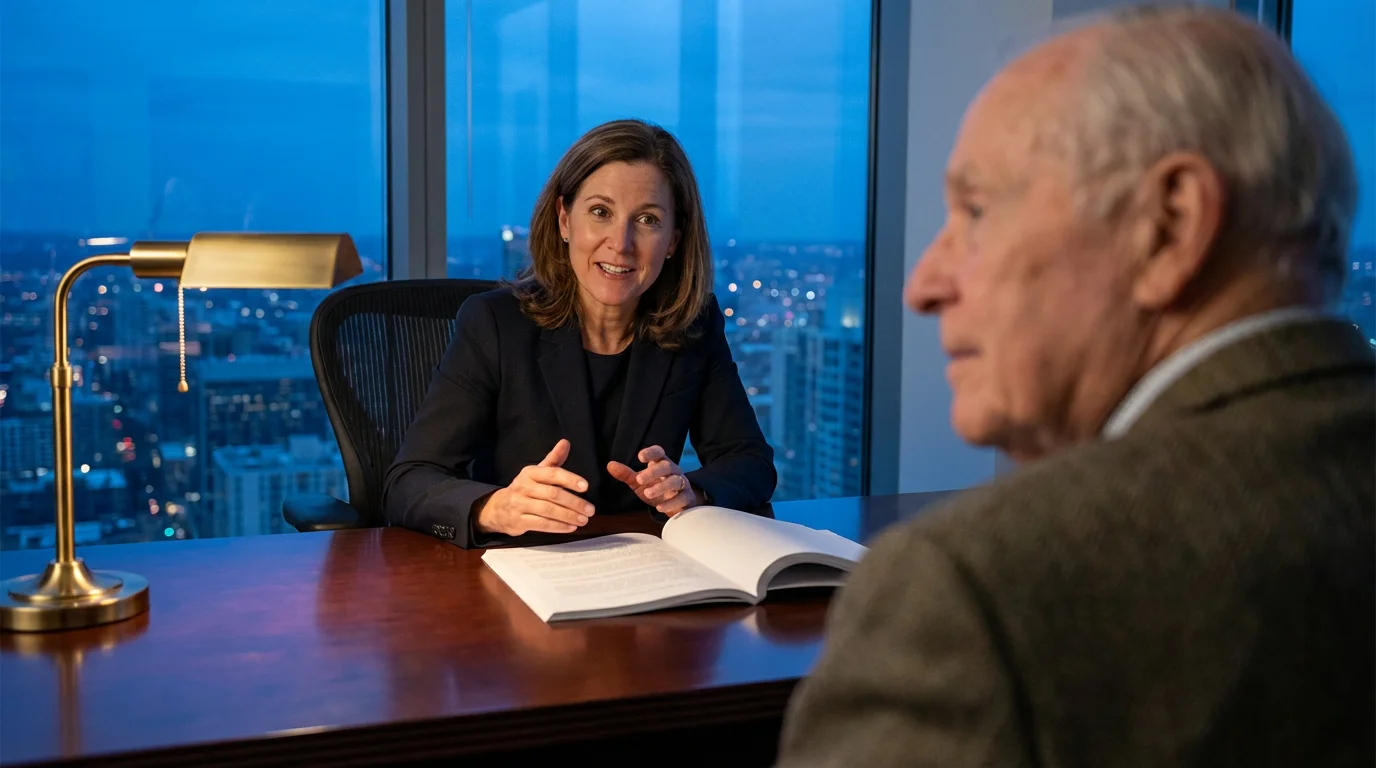 A professional lawyer consults with a senior client in a modern office at dusk.