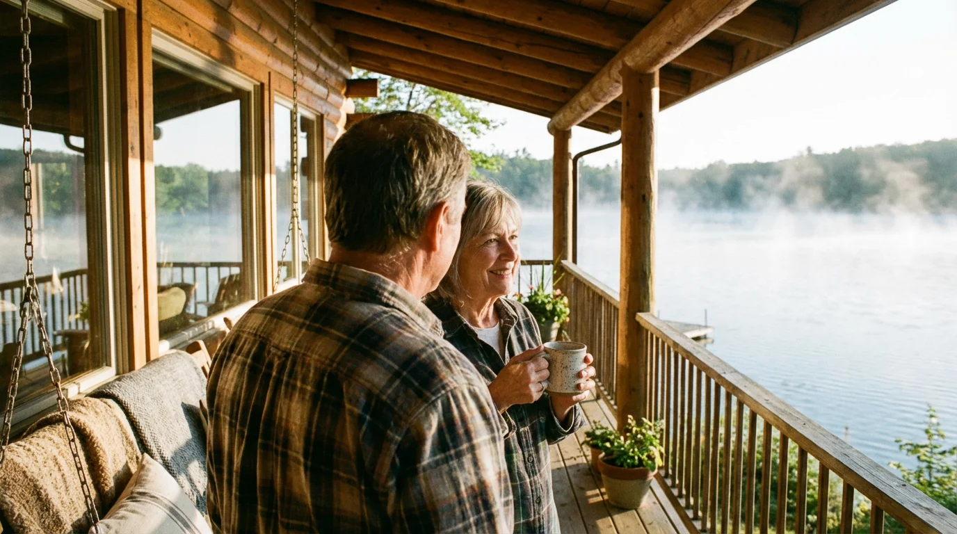 A retired couple on their lakeside cabin porch enjoying a quiet morning view.