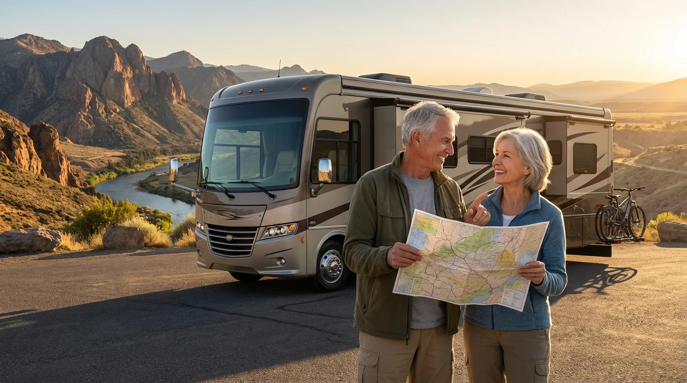 A retired couple stands happily by their motorhome at a scenic mountain overlook.