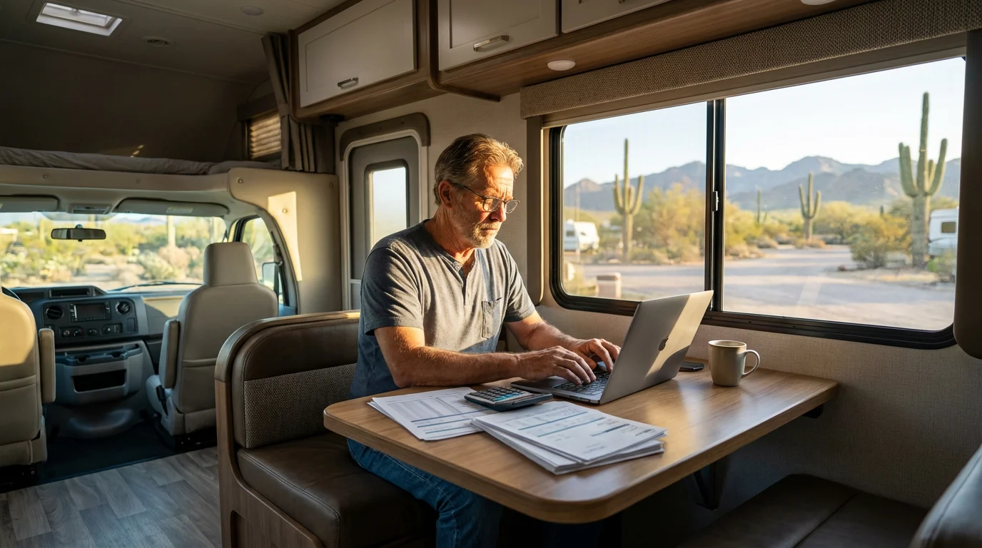 A retired man at a table inside his RV planning finances on a laptop.