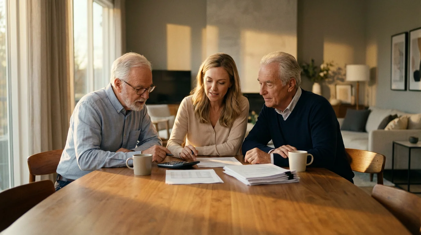 A senior couple and their adult daughter review financial paperwork at a sunlit table.