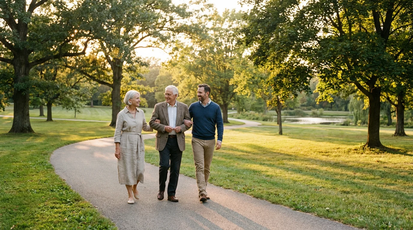 A senior couple and their adult son walking in a park at golden hour.