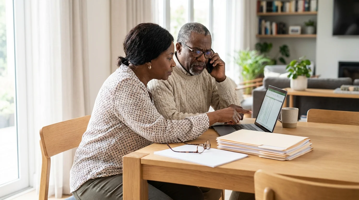 A senior couple at a table, on the phone and a laptop managing healthcare paperwork.