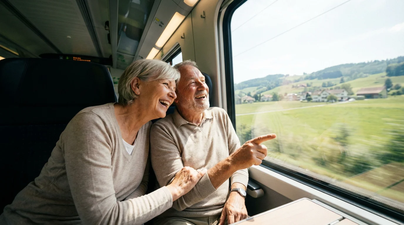 A senior couple enjoys a budget-friendly day trip on a train, looking out the window.