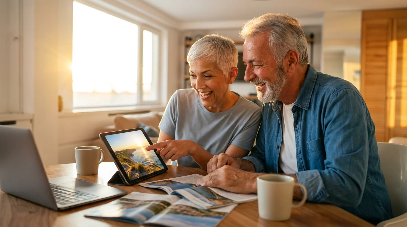 A senior couple happily plans their retirement travels on a tablet at home.
