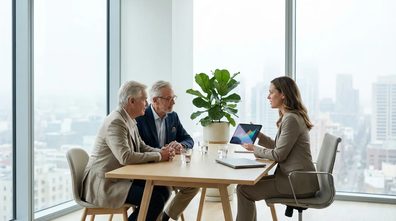 A senior couple in a financial planning meeting with an advisor in a bright office.